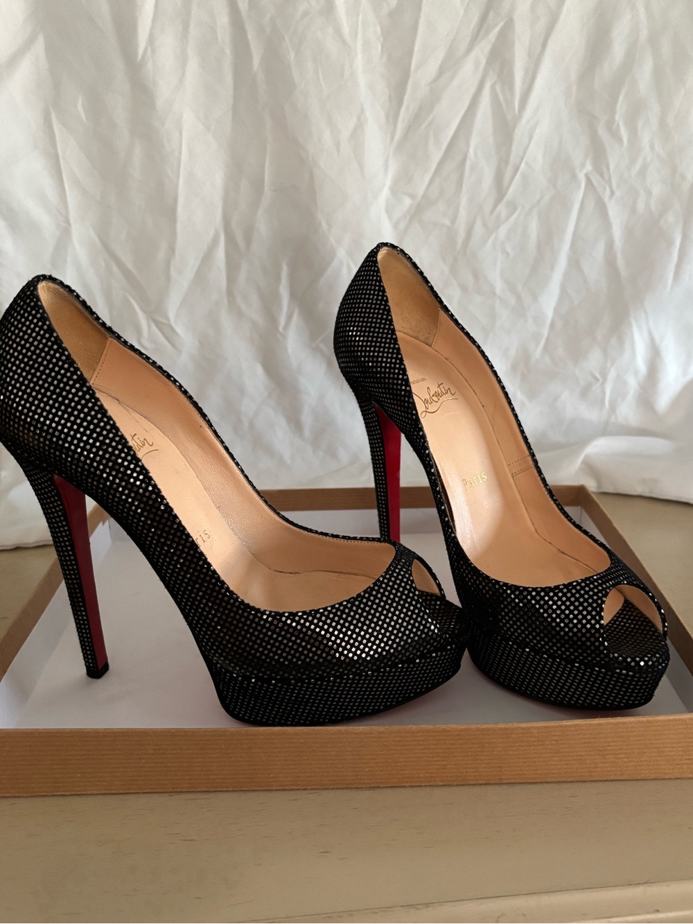Christian Louboutin Black Crystal Mesh Peep-Toe Pumps with Red Sole